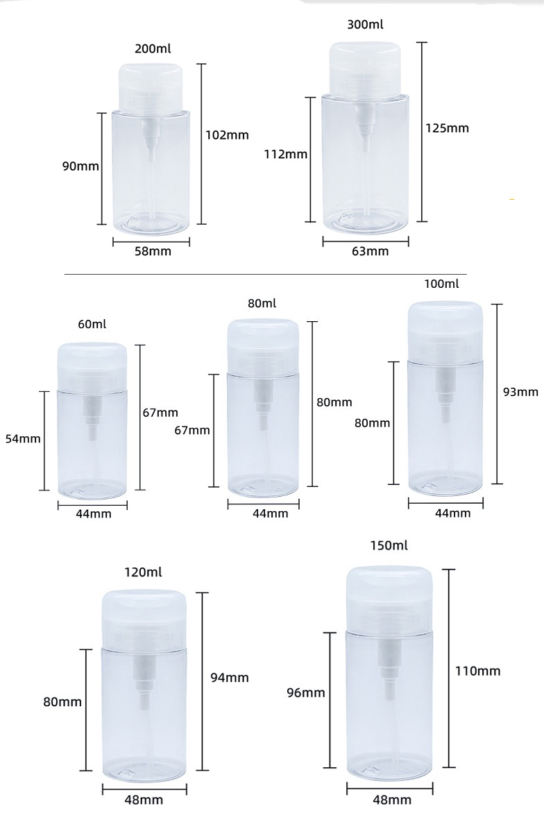 In stock 120ml 150ml 200ml 300ml clear nail Polish remover Toner Makeup remover pump plastic bottle