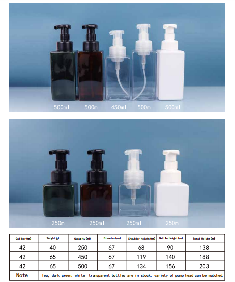 250ml 450ml 500ml Plastic Bottle ​Square Hand Sanitizer Foam Pump Bottle for Facial wash